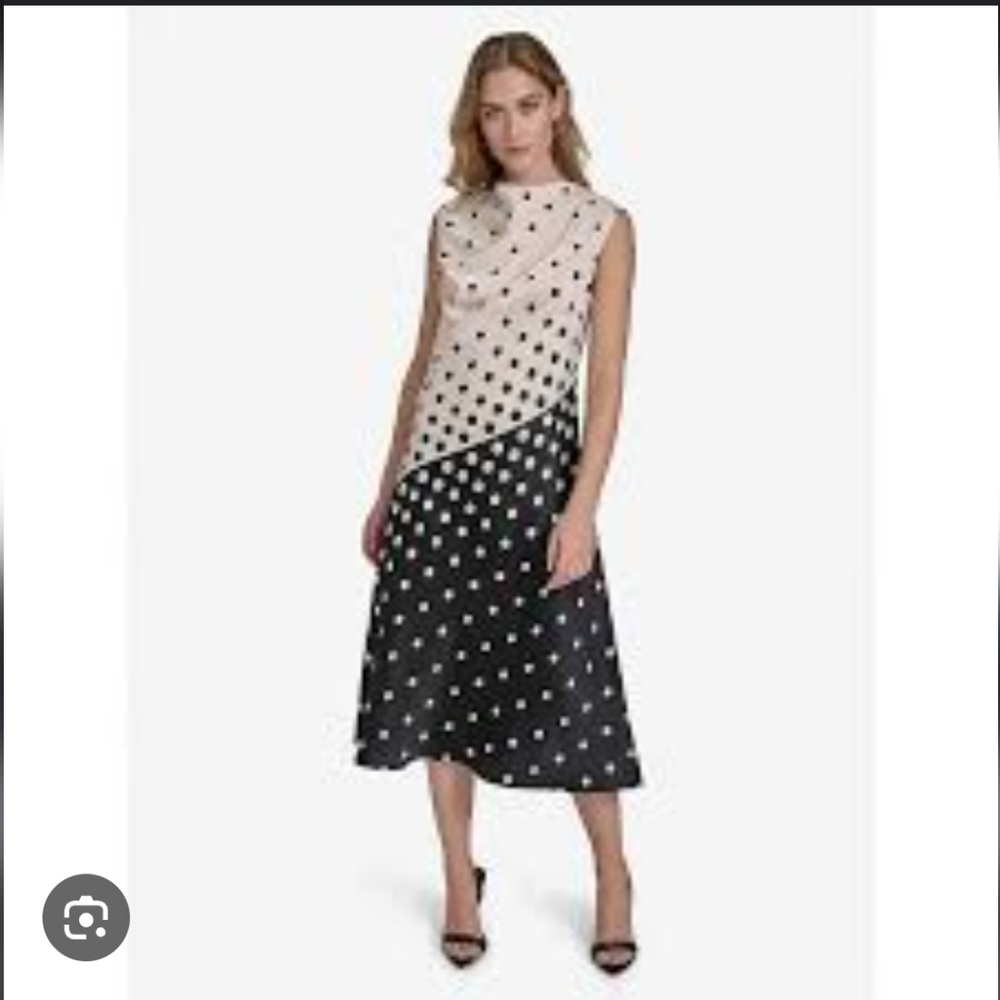 NWT Halston Ombre Draped Cream and Black Dotted Dress